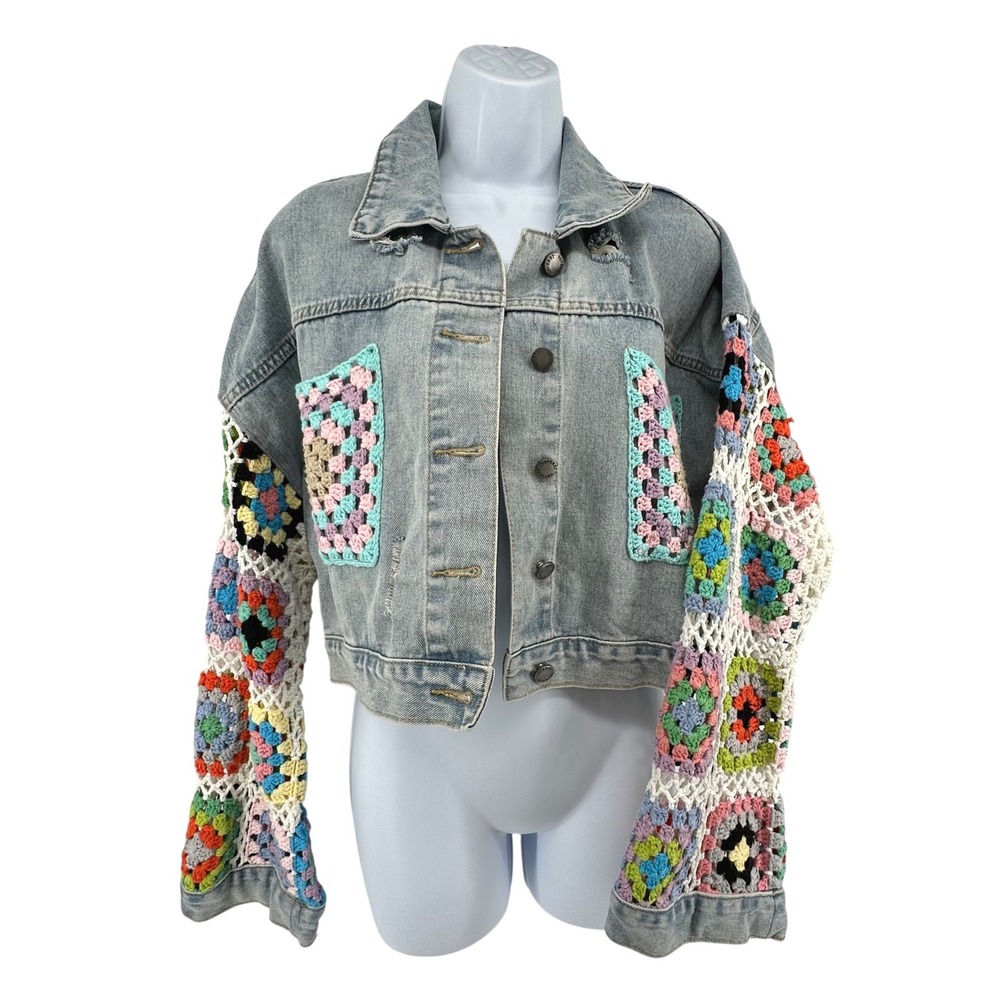 Veveret Crochet Sleeve Denim Jacket Boho Granny Square Distressed Womens M Blue
